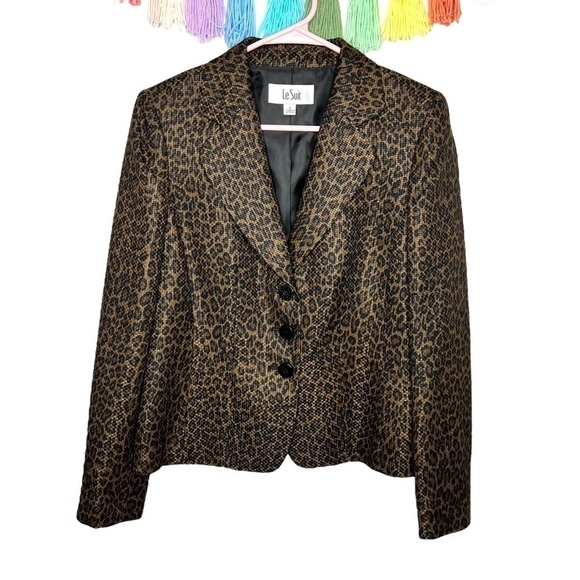 Vintage 80s Le Suit Cheetah Leopard Print Button Up Long Sleeve Blazer Jacket - Picture 1 of 15